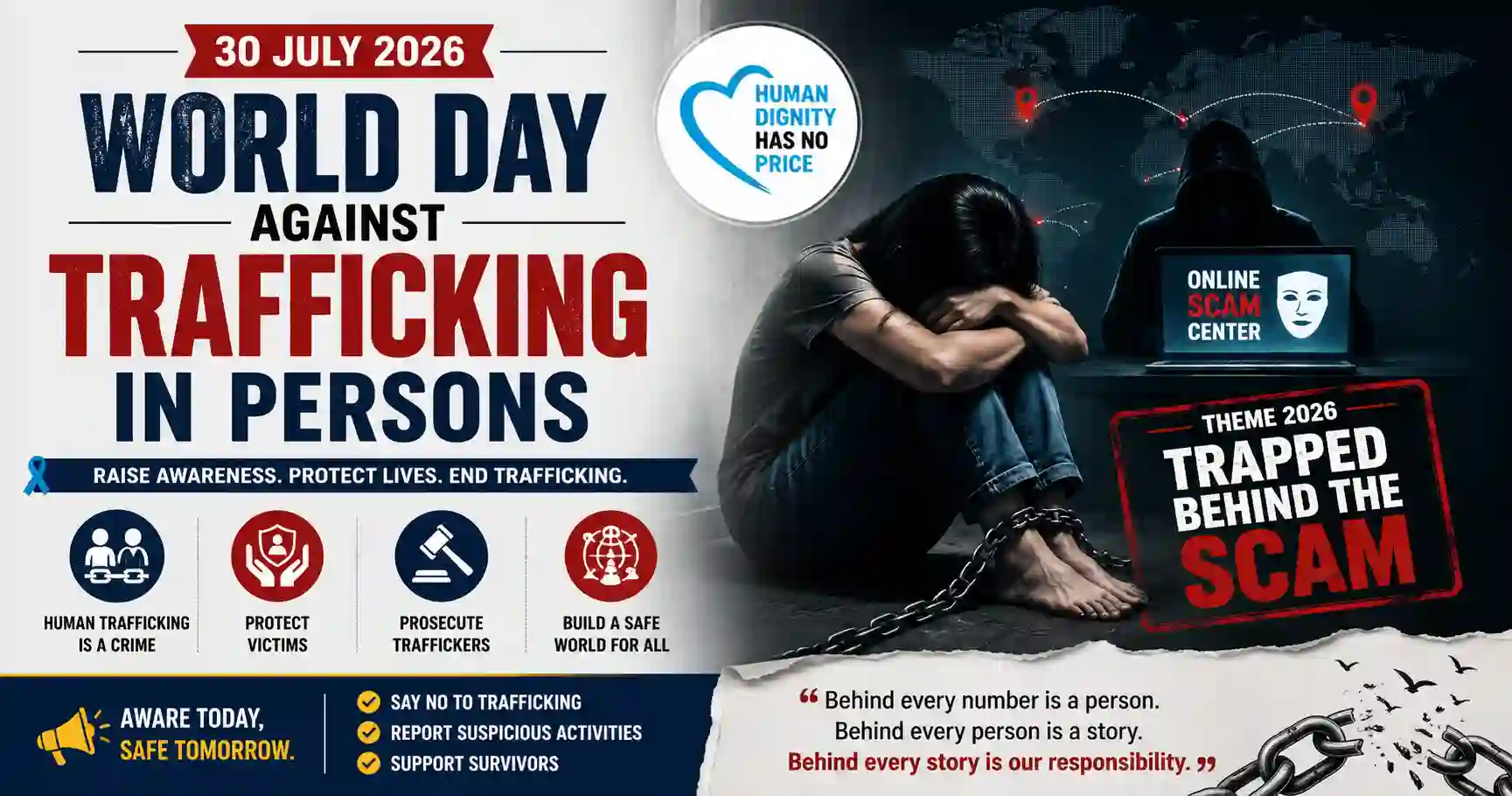 World Day Against Trafficking in Persons 2026 awareness banner highlighting the theme Trapped Behind the Scam