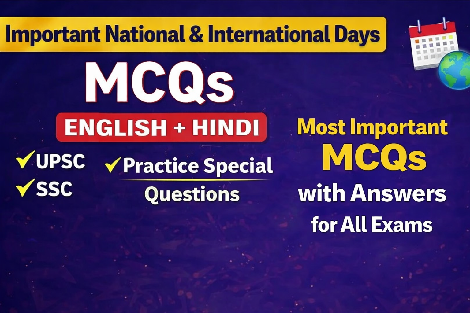 Important National &amp; International Days MCQs 2026 (English + Hindi)