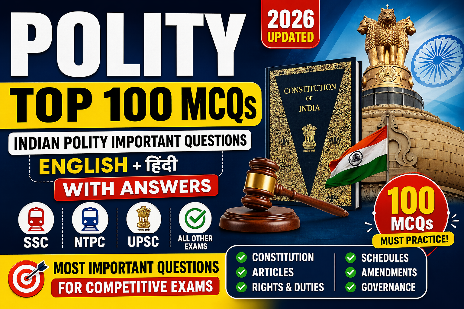 Polity Top 100 MCQs (2026) | Indian Polity Important Questions with Answers | NTPC, SSC, UPSC Preparation