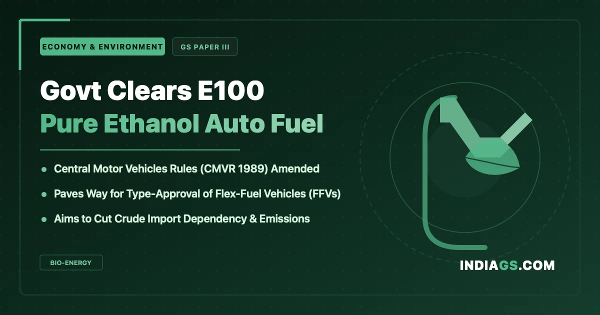 Centre Amends Central Motor Vehicles Rules to Permit Pure Ethanol (E100)